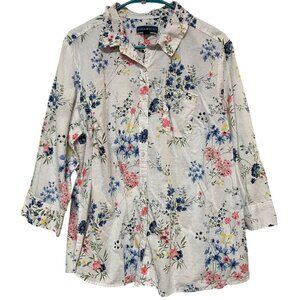 Karen Scott Women's Plus Size Long Sleeve Button Up Blouse White Floral Dot 1X